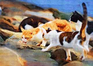 illust, matire, libre, paysage, image, le tableau, crayon de la couleur, colorie, en tirant,Un chat se rassembler autour, chat, , , 