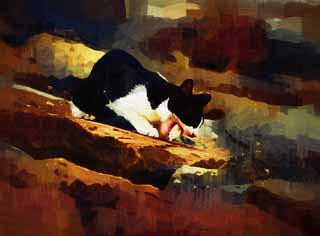 illust, material, livram, paisagem, quadro, pintura, lpis de cor, creiom, puxando,Refeio de um gato, gato, , , 