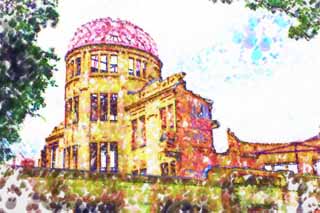 illustration,material,free,landscape,picture,painting,color pencil,crayon,drawing,The A-Bomb Dome, World's cultural heritage, nuclear weapon, War, Misery