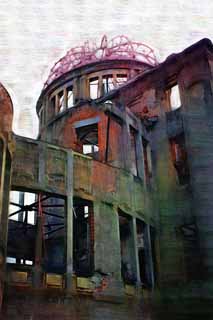 illustration,material,free,landscape,picture,painting,color pencil,crayon,drawing,The A-Bomb Dome, World's cultural heritage, nuclear weapon, War, Misery