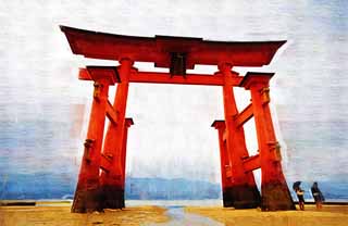 illust, materiale, libero panorama, ritratto dipinto, matita di colore disegna a pastello, disegnando,Otorii del sacrario di Itsukushima-jinja, L'eredit culturale di Mondo, Otorii, Sacrario scintoista, Io sono cinabro rosso