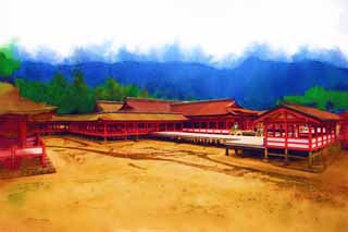 illustration,material,free,landscape,picture,painting,color pencil,crayon,drawing,A main shrine of Itsukushima-jinja Shrine, World's cultural heritage, main shrine, Shinto shrine, I am cinnabar red