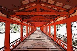 illustration,material,free,landscape,picture,painting,color pencil,crayon,drawing,A corridor of Itsukushima-jinja Shrine, World's cultural heritage, Otorii, Shinto shrine, I am cinnabar red