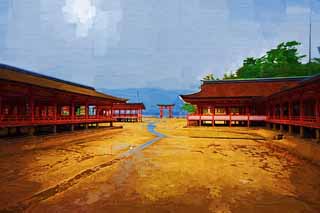 illustration,material,free,landscape,picture,painting,color pencil,crayon,drawing,A main shrine of Itsukushima-jinja Shrine, World's cultural heritage, main shrine, Shinto shrine, I am cinnabar red