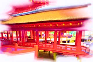 illustration,material,free,landscape,picture,painting,color pencil,crayon,drawing,A corridor of Itsukushima-jinja Shrine, World's cultural heritage, Otorii, Shinto shrine, I am cinnabar red