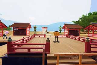 illustration,material,free,landscape,picture,painting,color pencil,crayon,drawing,The high stage of Itsukushima-jinja Shrine, World's cultural heritage, main shrine, Shinto shrine, I am cinnabar red