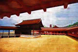 illustration,material,free,landscape,picture,painting,color pencil,crayon,drawing,A corridor of Itsukushima-jinja Shrine, World's cultural heritage, Otorii, Shinto shrine, I am cinnabar red