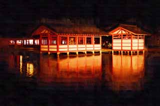 illust, materiell, befreit, Landschaft, Bild, Gemlde, Farbbleistift, Wachsmalstift, Zeichnung,,Die Nacht von Itsukushima-jinja Shrine, Das kulturelle Erbe von Welt, Hauptschrein, Schintoistischer Schrein, Ich bin Zinnober rot