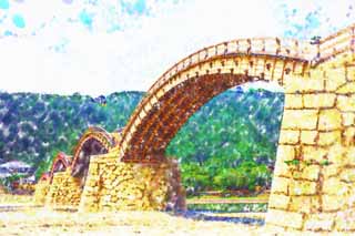 illust, materiell, befreit, Landschaft, Bild, Gemlde, Farbbleistift, Wachsmalstift, Zeichnung,,Kintai-kyo-Brcke, Kintai-kyo-Brcke, bemerkte Stelle, das Besichtigen von Stelle, Brcke