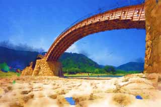 illustration,material,free,landscape,picture,painting,color pencil,crayon,drawing,Kintai-kyo Bridge, Kintai-kyo Bridge, noted place, sightseeing spot, bridge