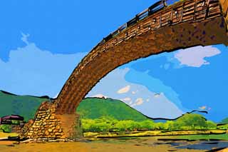 illust, material, livram, paisagem, quadro, pintura, lpis de cor, creiom, puxando,Kintai-kyo atravessam, Kintai-kyo atravessam, lugar notado, visitando lugares tursticos mancha, ponte