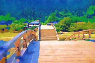 illust, materiell, befreit, Landschaft, Bild, Gemlde, Farbbleistift, Wachsmalstift, Zeichnung,,Kintai-kyo-Brcke, Kintai-kyo-Brcke, bemerkte Stelle, das Besichtigen von Stelle, Brcke