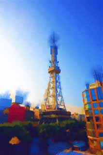 illust, material, livram, paisagem, quadro, pintura, lpis de cor, creiom, puxando,Nagoya televiso torre, torre de televiso, Uma onda eltrica, TELEVISO, Televiso