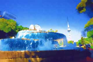 illustration,material,free,landscape,picture,painting,color pencil,crayon,drawing,Nagoya Television Tower and a fountain, television tower, An electric wave, TV, Television