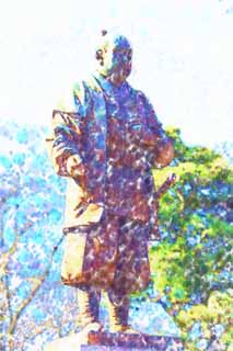 Illust, materieel, vrij, landschap, schilderstuk, schilderstuk, kleuren potlood, crayon, werkje,Ieyasu Tokugawa brons standbeeld, Brons standbeeld, Edo, Mikawa, De geschiedenis