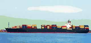 illust, material, livram, paisagem, quadro, pintura, lpis de cor, creiom, puxando,Um containership, navio, containership, cargueiro, O mar