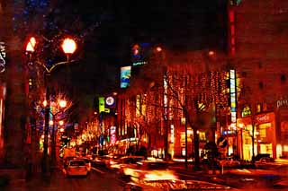 illust, materiale, libero panorama, ritratto dipinto, matita di colore disegna a pastello, disegnando,La notte di un'autorit della stazione di Sapporo ad angolo retto, Munisca di coda lampada, Luminarie, luce, Io sono bello