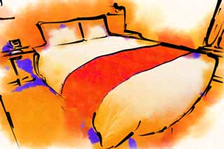 illust, material, livram, paisagem, quadro, pintura, lpis de cor, creiom, puxando,Uma cama de um hotel, Moblia, cama, , travesseiro