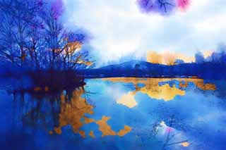 illust, matire, libre, paysage, image, le tableau, crayon de la couleur, colorie, en tirant,Onumakoen hivernent scne, arbre, lac, Lac Onuma, Le soleil