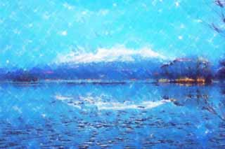 illust, material, livram, paisagem, quadro, pintura, lpis de cor, creiom, puxando,Onumakoen inverno cena, , lago, Lago Onuma, cu azul