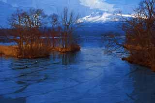 illust, material, livram, paisagem, quadro, pintura, lpis de cor, creiom, puxando,Onumakoen inverno cena, , lago, Lago Onuma, cu azul