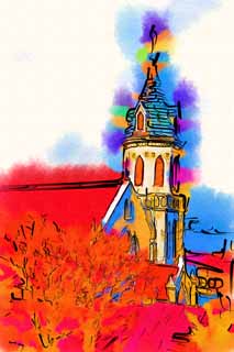 illust,tela,gratis,paisaje,fotografa,idea,pintura,Lpiz de color,dibujo,Iglesia de Motomachi catlica, Cristianismo, Iglesia, Puerto, Techo rojo