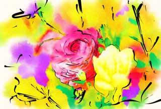 illust, matire, libre, paysage, image, le tableau, crayon de la couleur, colorie, en tirant,Un paean crer la gaiet , renoncule, Rose, bouquet, fleur