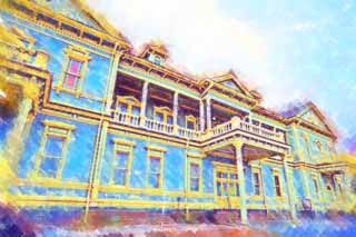 illustration,material,free,landscape,picture,painting,color pencil,crayon,drawing,Former Hakodate ward public hall, Western style architecture, port town, roof, window