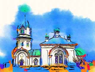 illustration,material,free,landscape,picture,painting,color pencil,crayon,drawing,A Christian orthodox church, church, blue sky, Byzantine style, Christianity