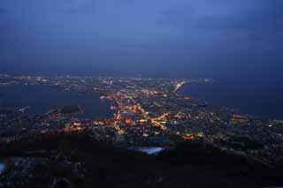 fotografia, materiale, libero il panorama, dipinga, fotografia di scorta,Una prospettiva serale di Mt. Hakodate-yama, Luminarie, Un osservatorio, luce di citt, la citt di porto