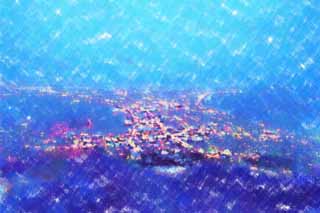 illust,tela,gratis,paisaje,fotografa,idea,pintura,Lpiz de color,dibujo,Una vista de noche de monte. Hakodate - yama, Illuminations, Un observatorio, Luz de pueblo, Pueblo de puerto