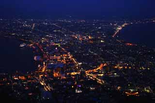 Foto, materieel, vrij, landschap, schilderstuk, bevoorraden foto,Een avond uitzicht van Mt. Hakodate-yama, Illumineringen, Een observatory, Stad verlichting, Poort stad