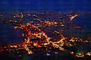 illust, material, livram, paisagem, quadro, pintura, lpis de cor, creiom, puxando,Uma viso noturna de Mt. Hakodate-yama, Iluminaes, Um observatrio, luz de cidade, a cidade de porto