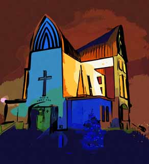 illust, materiale, libero panorama, ritratto dipinto, matita di colore disegna a pastello, disegnando,La notte di un St. John la chiesa, chiesa, cielo blu, attraversi, Cristianesimo