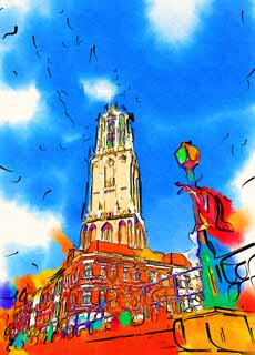 Illust, materieel, vrij, landschap, schilderstuk, schilderstuk, kleuren potlood, crayon, werkje,Een symbool toren, Wolk, Blauwe lucht, Toren, Straatlantaarn