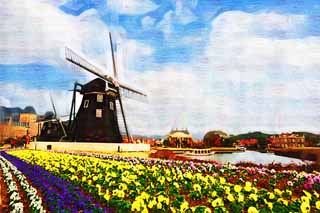 illustration,material,free,landscape,picture,painting,color pencil,crayon,drawing,A flower garden and a windmill, cloud, canal, The Netherlands, windmill