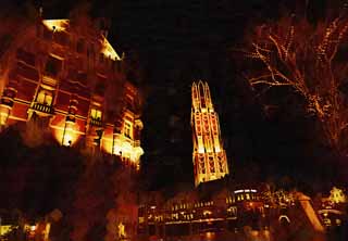 illustration,material,free,landscape,picture,painting,color pencil,crayon,drawing,Night Huis Ten Bosch, canal, Illuminations, Illumination, light