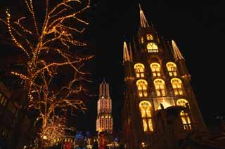 Foto, materieel, vrij, landschap, schilderstuk, bevoorraden foto,Avond Huis Ten Bosch, De stad hal, Illumineringen, Illuminering, Maak