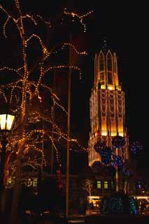 Foto, materieel, vrij, landschap, schilderstuk, bevoorraden foto,Avond Huis Ten Bosch, Toren, Illumineringen, Illuminering, Maak