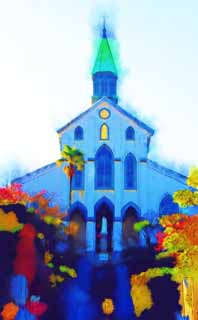 illust, matire, libre, paysage, image, le tableau, crayon de la couleur, colorie, en tirant,glise catholique Oura, glise, Le Paris socit de la propagation trangre, , Architecture du style Gothique