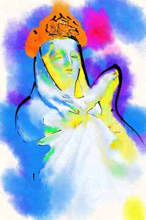 Illust, materieel, vrij, landschap, schilderstuk, schilderstuk, kleuren potlood, crayon, werkje,Japanse Holy Mother afbeelding, Christenheid, Maria afbeelding, Heilige Moeder afbeelding, Brons standbeeld