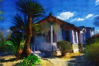 illust, matire, libre, paysage, image, le tableau, crayon de la couleur, colorie, en tirant,Vieux Walker maison, Btiment du de l'ouest-style, maison, fentre, Cycad