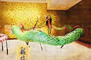 illustration,material,free,landscape,picture,painting,color pencil,crayon,drawing,A dragon of Nagasaki KUNCHI, dragon, ball, festival, dragon dance