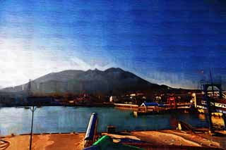 illust, matire, libre, paysage, image, le tableau, crayon de la couleur, colorie, en tirant,Outport Shimabara, port, ferry, montagne, Shimabara