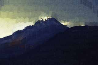 illust, materiell, befreit, Landschaft, Bild, Gemlde, Farbbleistift, Wachsmalstift, Zeichnung,,Mt. Unzen Hiroshi Ken, Ein aktiver Vulkan, Unzen, Mt. Hiroshi Ken, Rauch