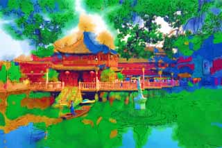 illust, material, livram, paisagem, quadro, pintura, lpis de cor, creiom, puxando,Yu Iuane / corao de um pavilho de lago, YuYuan, , , Edifcio chins