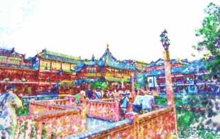 illust, materiale, libero panorama, ritratto dipinto, matita di colore disegna a pastello, disegnando,Yu Yuan / cuore di una pergola di lago, YuYuan, , , Edificio cinese