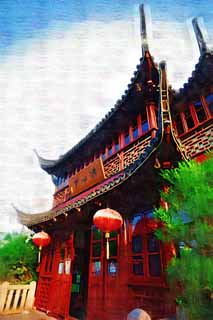 illust, material, livram, paisagem, quadro, pintura, lpis de cor, creiom, puxando,Yu Iuane / corao de um pavilho de lago, YuYuan, , , Edifcio chins