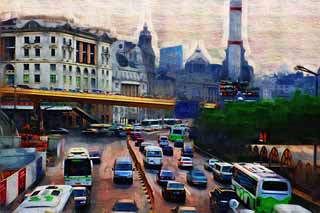 illust, materiell, befreit, Landschaft, Bild, Gemlde, Farbbleistift, Wachsmalstift, Zeichnung,,Schanghai zufolge, Bus, Taxi, Asphalt, Der Y stoen