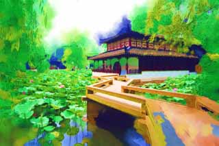 illust, materiale, libero panorama, ritratto dipinto, matita di colore disegna a pastello, disegnando,Miyama torreggia di Zhuozhengyuan, Architettura, ponte, Hasuike, giardino